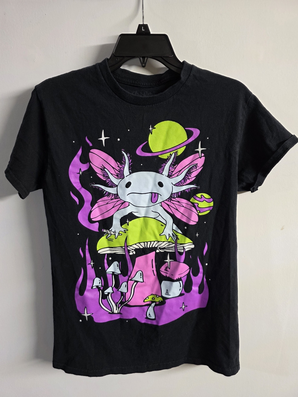 Cute Axolotl Graphic T-Shirt Black Neon Space Mushroom Tee Size Large
